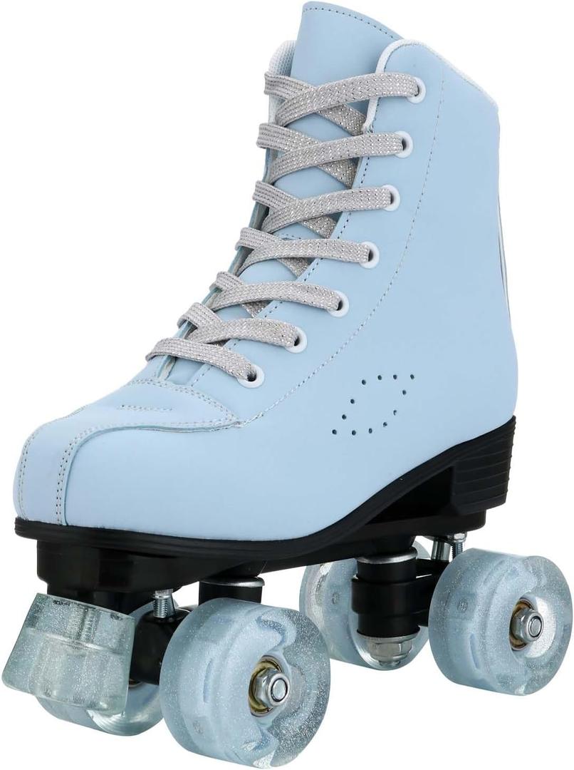 Roller Skates for Girls and Women, Cozy PU Leather Gradient Color Skates with Flash Wheels, Indoor Outdoor Skates for Beginner, Skyblue, 35-US Women 5/ Youth 4