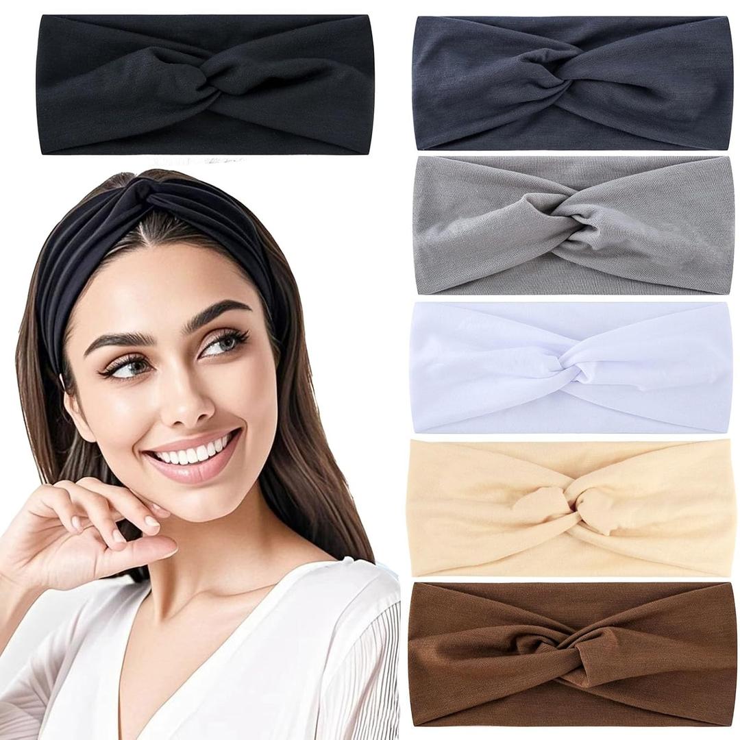Hjiaruiky 6Packs Thick Wide Headbands for Women Knotted Headband Cloth Fabric Cute Stretchy Soft Running Twist Headbands Womens Fashion Head Bands for Women's Hair Accessories Black White