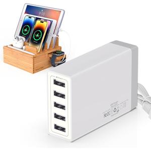 Pezin & Hulin Desktop USB Charging Station with Bamboo Charging Station, Desktop Charger Block, Compatible with Tablet, Cell Phone, Earbuds, Smartwatch (5-Port Charger HUB)