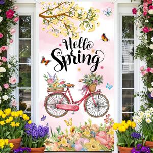 Spring Door Cover Decorative Welcome Spring Door Banner Decorative with Colorful Floral Butterfly and Pink Bicycle for FrontdDoor Decorations Spring Hanging Decor Supplies Outdoor Classroom (Green)