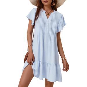 OURIN Womens Summer Dresses 2025 V Neck Button Down Ruffle Short Sleeve Pleated Shift Dress Mini Sundress