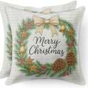 HOMETITUTE Set of 2 Christmas Throw Pillow Covers 18x18 Inch Linen Decorative Merry Christmas with Pine Cones Berries Bells Farmhouse Winter Holiday Pillow Cases for Sofa Couch Bed