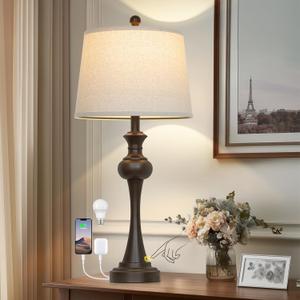 CINSARY 29" Tall Brown Table Lamp, 3-Way Dimmable Touch Control Bedside Lamp with USB A+C & AC Outlet for Bedroom, Living Room (1 Pack)