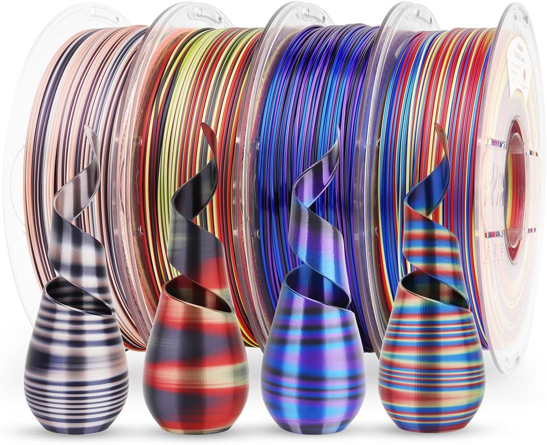 AMOLEN Silk PLA 3D Printer Filament Bundle, Multicolor Rainbow Filament 1.75mm Pack, Fast Color Change 3D Printing Filament for Most FDM 3D Printer, 1kg X 4 Spools (Silk S Series-1kg*4-black Pink White/Blue Red Yellowgreen/Black Redyellow/Black Bluepurple)