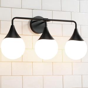 Bathroom Vanity Light Fixtures: 3 Lights Mid Century Modern Bathroom Lighting Fixtures Over Mirror - Matte Black Wall Sconce with Milky White Globe Glass for Bath Living Room