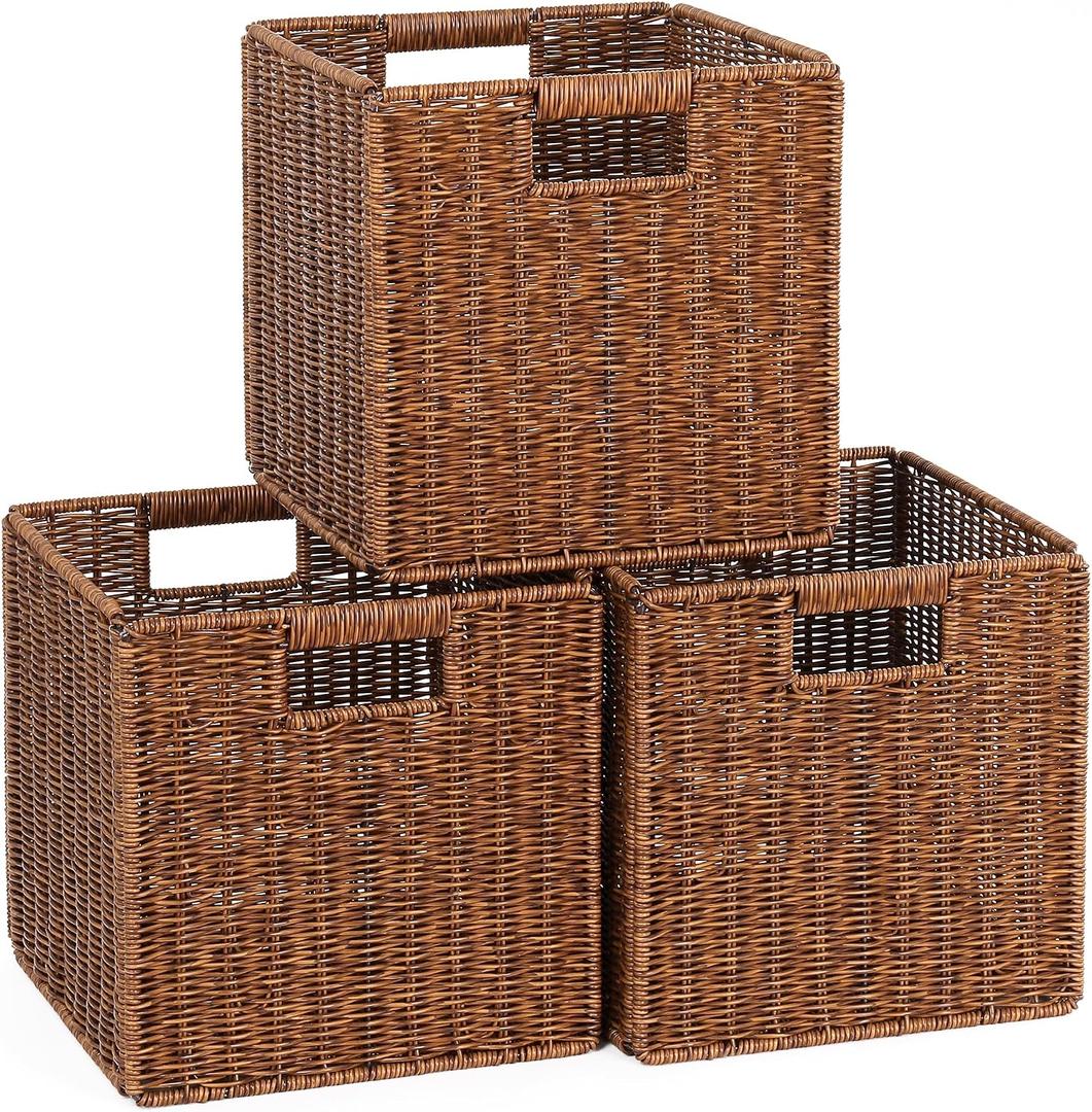 11X11X11in Brown Plastic Wicker Storage Basket, Foldable Cube Woven Storage Basket for Shelves, 11x11 Cube Storage Bins Set of 3, Wicker Storage Baskets for Laundry Nursery Room