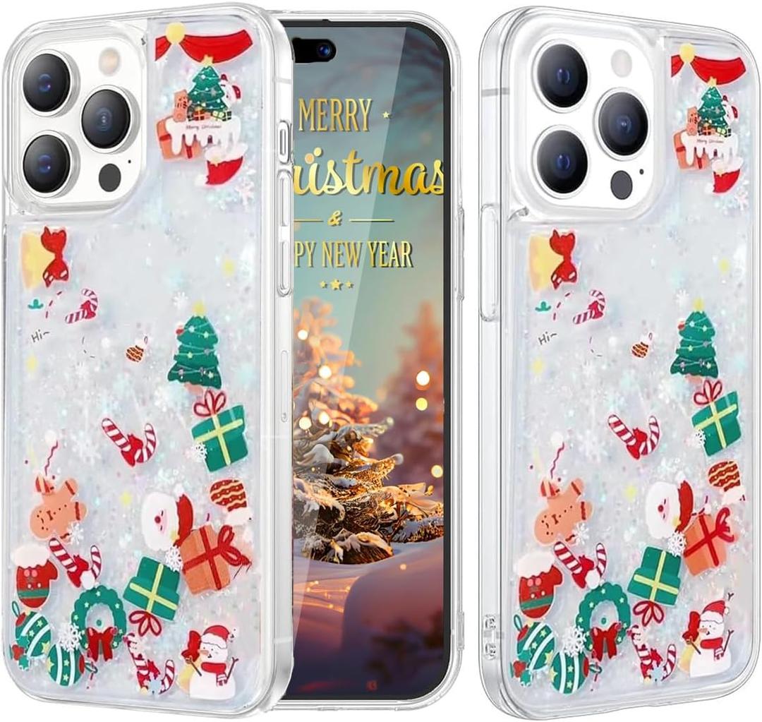 Glitter Flowing Liquid Christmas Case for iPhone 16 Pro Christmas Pattern Santa Reindeer Snowman Holiday Design Floating Moving Sparkle Bling Glitter Transparent for iPhone 16 Pro (Clear)