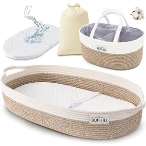 BOPHILI Baby Changing Basket Set w/Large Matching Diaper Caddy, Foam Changing Pad &Water Repellent Cover, Premium Cotton Rope Moses Baskets Changing Table Topper, Built-in Security Strap (Warm Brown)