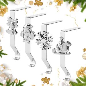 4 Holiday Design Metal Place Hook for Christmas Stockings Secure Without Slip Base Strong Iron Wall Decoration (The dimensions are shown in the figure., Silver)