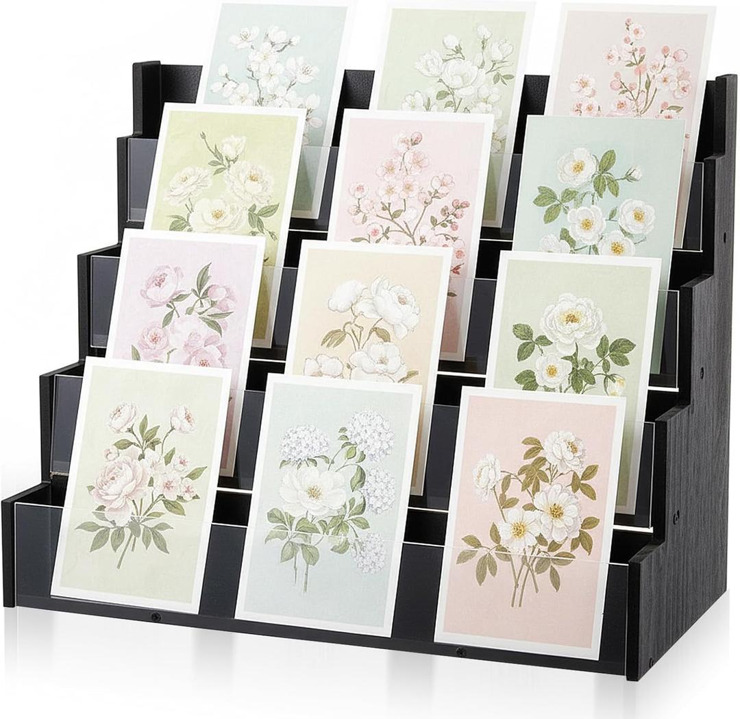 Yuntau 4 Tier Greeting Card Display Stand Black Bamboo and Acrylic Sticker Display Stand Trading Card Holder Retail Photos Shelf for Vendors Craft Collection & Show