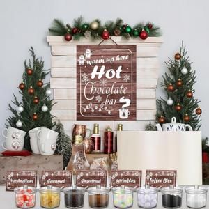 Meanplan 52 Pcs Christmas Hot Chocolate Bar Cocoa Bar Supplies 8 Acrylic Jars with Spoons 1 Hot Cocoa Stand Sign 24 Round Stickers 18 Tent Cards for Xmas Winter Party Supplies (Brown)