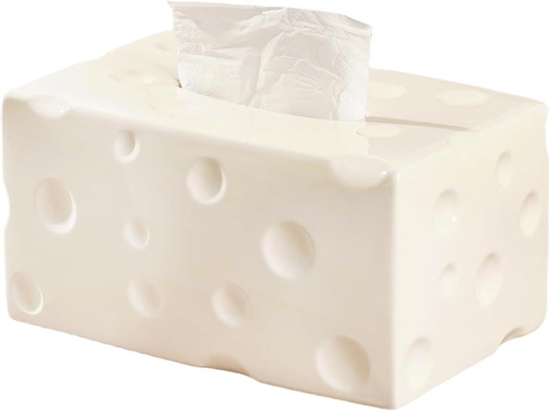 Ceramic Tissue Box Cover, Large Rectangle Cheese-Shape Tissue Box Holder with Bottom, Decorative Tissue Box for Bedroom, Bathroom, Parlors, Office, Vanity, Kitchen Countertop, Desk, Beige