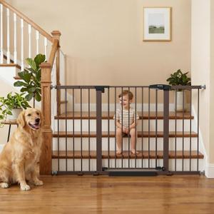 Mumeasy 29.7-57" Extra Wide Baby Gate, Auto Close Large Dog Gate for Doorways, No Drilling Pressure Mounted Pet Safety Gate for Stairs, Easy Walk Through Child Gate for Hallways, House, Indoor, Brown