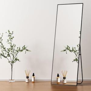 Full Length Mirror with Stand,Full Body Mirror for Living Room and Dressing Room,57"x20" Aluminum Alloy Frame,Hanging or Leaning for Wall,Rectangular, Black