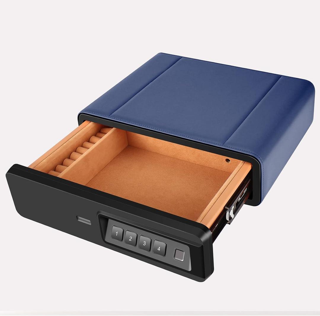 Biometric Fingerprint safe, Slide-Away Handgun Safe for Pistols, Leather Wrapped Jewelry Storage Safe, Drawer Lock for Home and Vehicle- Blue