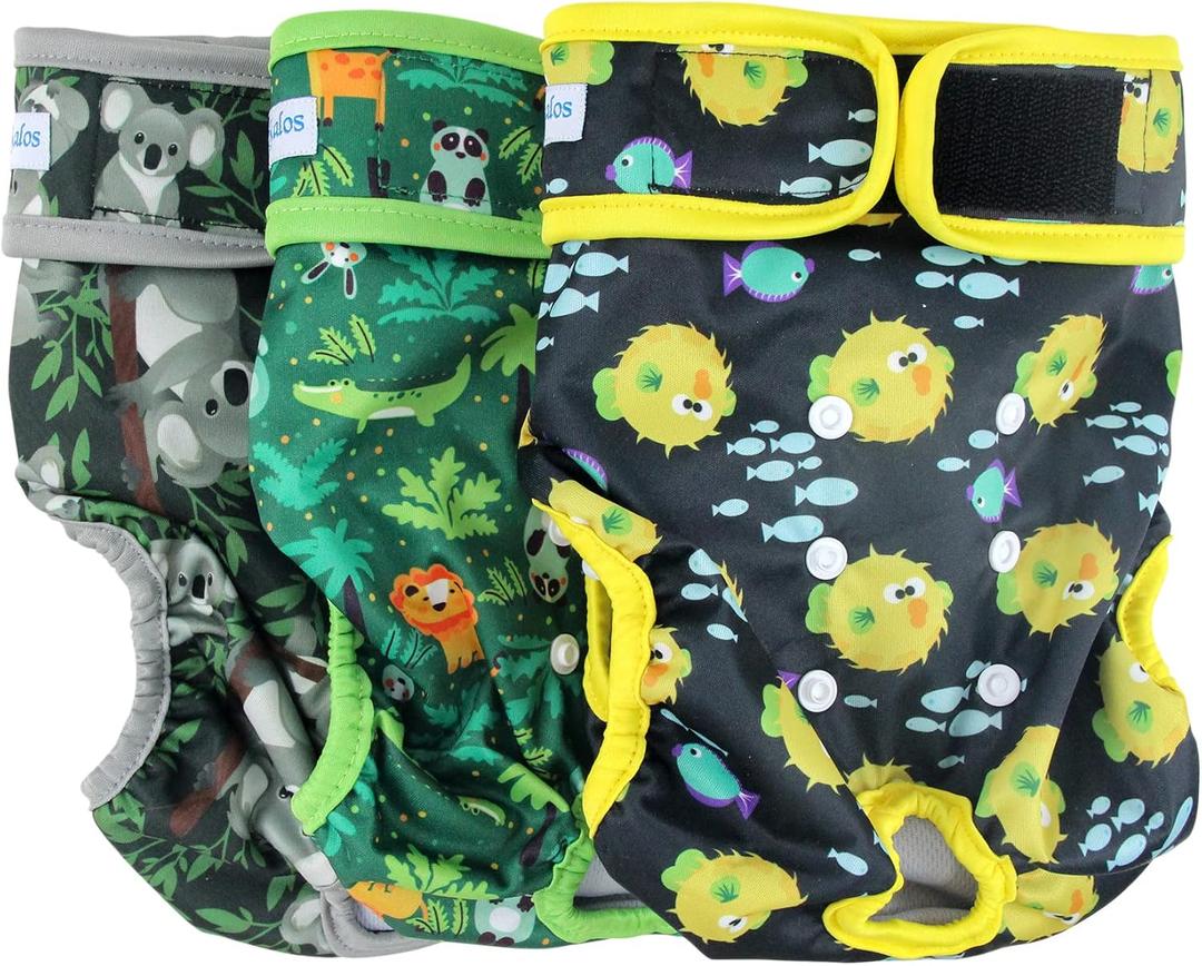 Leekalos Reusable Washable Dog Diapers Female (3 Pack) - Highly Absorbent Doggie Diapers - Size Adjustable Puppy Diapers for Dog Period Panties (Large, Globefish) (Large (15"-17" Waist), Globefish(Gray Lining))