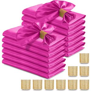 RUDONG M 100 Pcs Hot Pink Satin Napkins and Napkin Rings Set, 17 x 17 Inch Square Cloth Napkins Set of 50, Silky Soft Table Napkins Bulk for Weddings, Banquet, Parties Dinner Decoration
