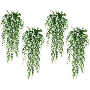 SJL 4pcs Fake Hanging Plants Realistic Artificial Outdoor Flowers Hanging Greenery Artificial Ivy Vine Leaves Faux Green Plastic Plants Greenery Flowers Green Leaf Decor for Wall Home (White)