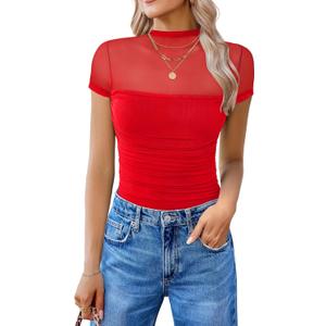 Avidlove Women's Short Sleeve Bodysuit Turtle Neck Body Suits Mesh One Piece Leotard Going Out Tops Date Outfits (Medium, Red)