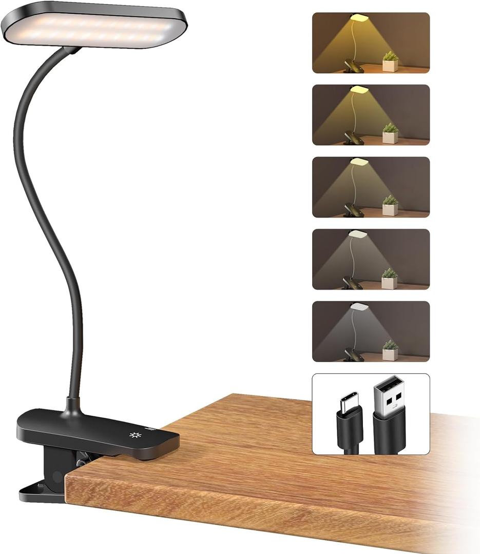 CUHIOY Desk Lamp Clip on Reading Light, USB-C Battery-Operated Rechargeable Table Lamps with Clamp for Dorm Home Office, 38LEDs Bed Headboard Light, 5 Colors 5 Brightness, Flexible Gooseneck (Black)