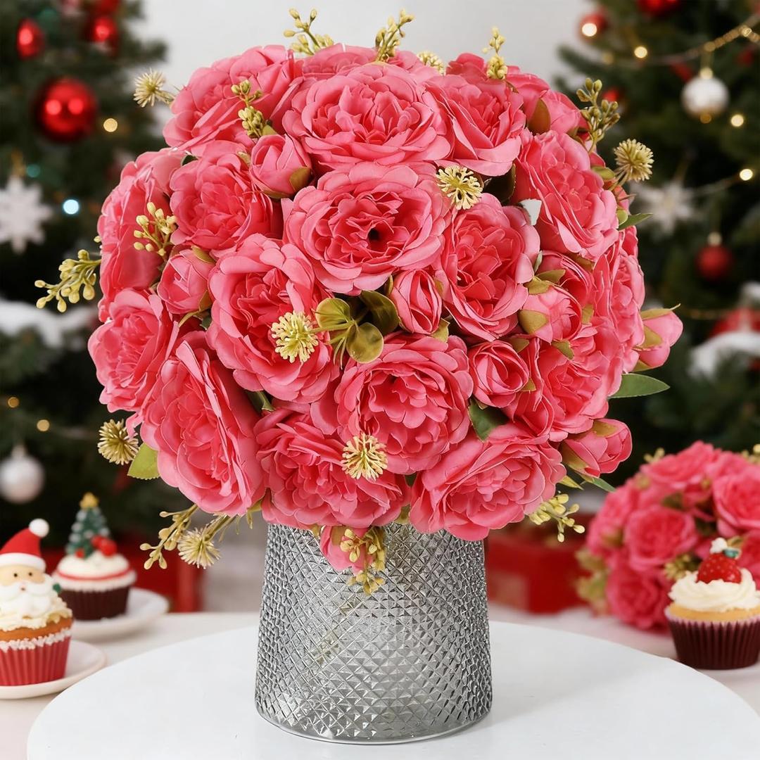 8 Packs Artificial Peonies Silk Flowers: Faux Peony Bouquet 8 Bundles, Fake Peonies Flowers Bulk for Centerpiece Table Wedding Party Home Decor for Christmas Decoration (Rose Red)