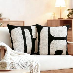 2 Pcs Black White Throw Pillow Covers Boho Chunky Tufted Pillow Cover 18 x 18 Inches Modern Woven Decorative Pillows Cases Abstract Pillows Sham for Living Room Bed Sofa Couch
