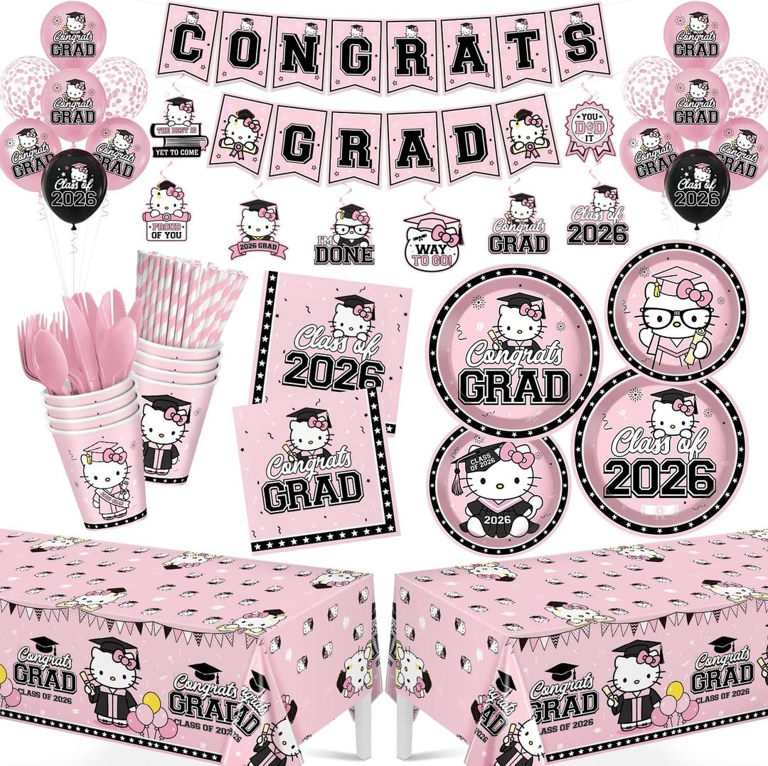 Pink Graduation Decorations, 249Pcs Graduation Party Tableware Supplies with Disposable Plates Napkins Cups Tablecloth and Congrats Grad Banner for Class of 2026 Party Decorations, Serves 24