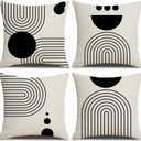 IcosaMro Boho Pillow Covers 18x18 Set of 4, Mid Century Black and White Modern Geometric Cotton Linen Throw Pillow Case Decorative Cushion Cover with Zipper for Outdoor Indoor, Arch Sun