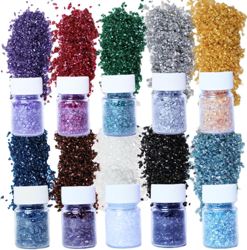 10Colors - 1LB Crushed Glass for Crafts Glitter Resin Art, Small Broken Glass Pieces Metallic Crystal Chips DIY Vase Filler Decoration 1-3mm (Metallic)