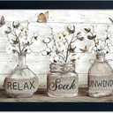 Bathroom Wall Art Farmhouse Wall Decor Cotton Flower Vase Canvas Art Vintage Butterfly Floral Glass Paintings Black Framed Pictures (14"L x 11"W, IK06)