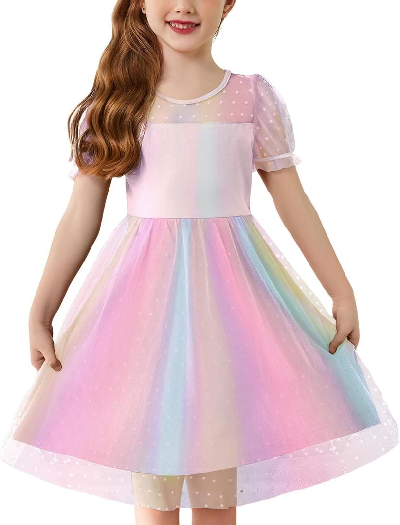 Arshiner Toddler Girls Tulle Summer Puff Sleeve Baby Girls Tutu Princess Party Casual Dress 2-6Y (Rainbow, Size 2)