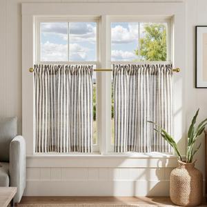 jinchan Striped Linen Kitchen Curtains 24 Inch Tier Curtains Cafe Farmhouse Small Window Drapes Balanced Vintage Light Filtering Tiers for Bathroom Living Room Rod Pocket 2 Panels Black on Beige