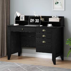 4 EVER WINNER Black Desk with Drawers, Small Computer Desk with File Drawer & Hutch for Small Spaces, Home Office Desks Writing Study Table with Monitor Stand, Black,  21" x 47.2" x 37"