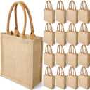 16 Pcs Burlap Tote Bags with Handles and Laminated Interior Reusable Blank Bridesmaid Gift Grocery Beach Bag for Shopping Wedding Party Embroidery DIY Art Crafts, 11 x 9.4 x 4 Inches