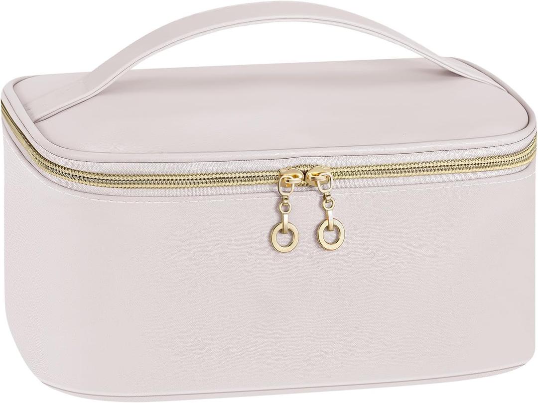 senbowe Travel Makeup Bag, Large Capacity Cosmetic Bags for Women,Portable Waterproof Leather Toiletry Bag Make Up Organizer Bag with Divider and Handle (Beige)