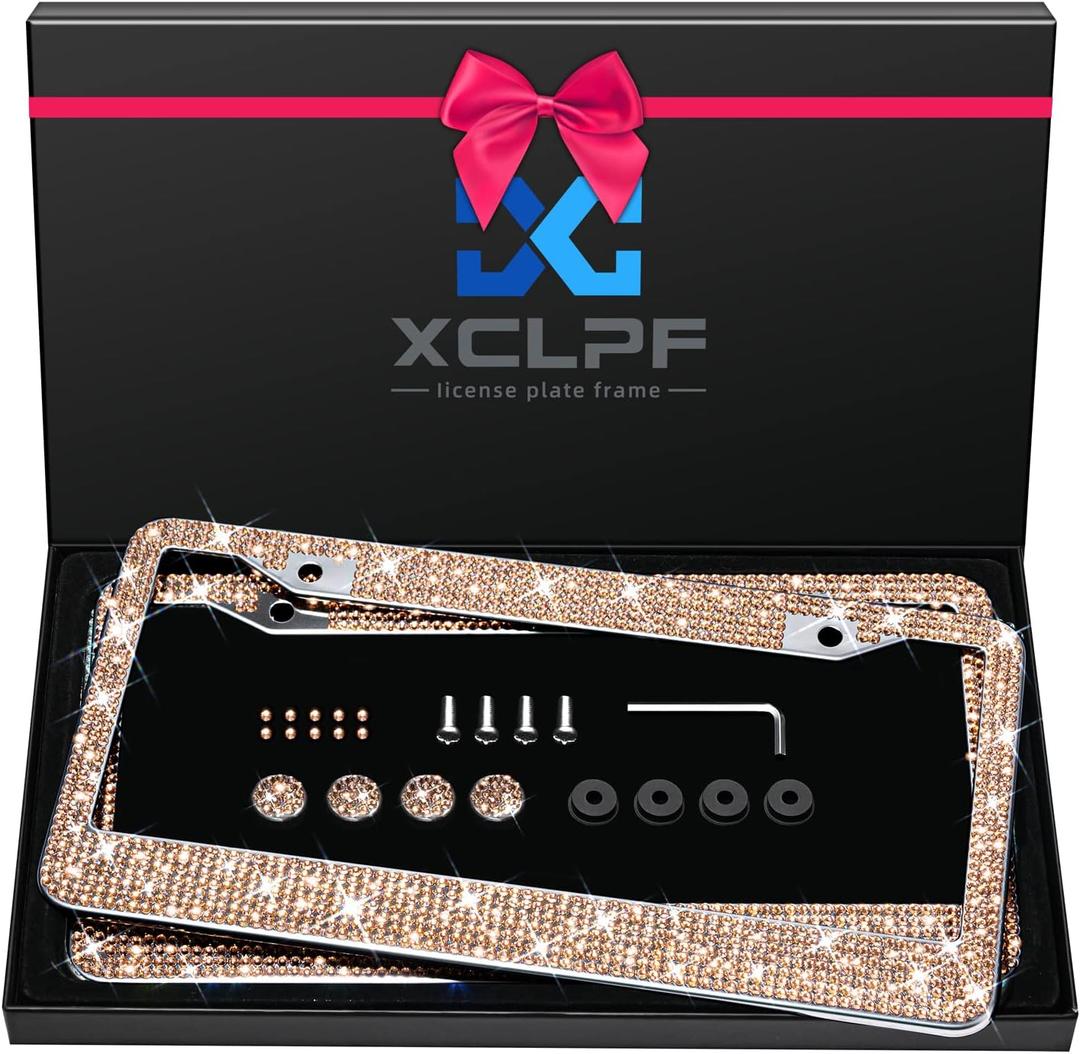 Bling License Plate Frame for Women, Sparkly Stainless Steel License Plate Frames| Over 1200 pcs 14 Facets Bedazzled Clear Glass Diamond Rhinestone Crystals w/Free Glitter Diamond+GiftBoxChampagne