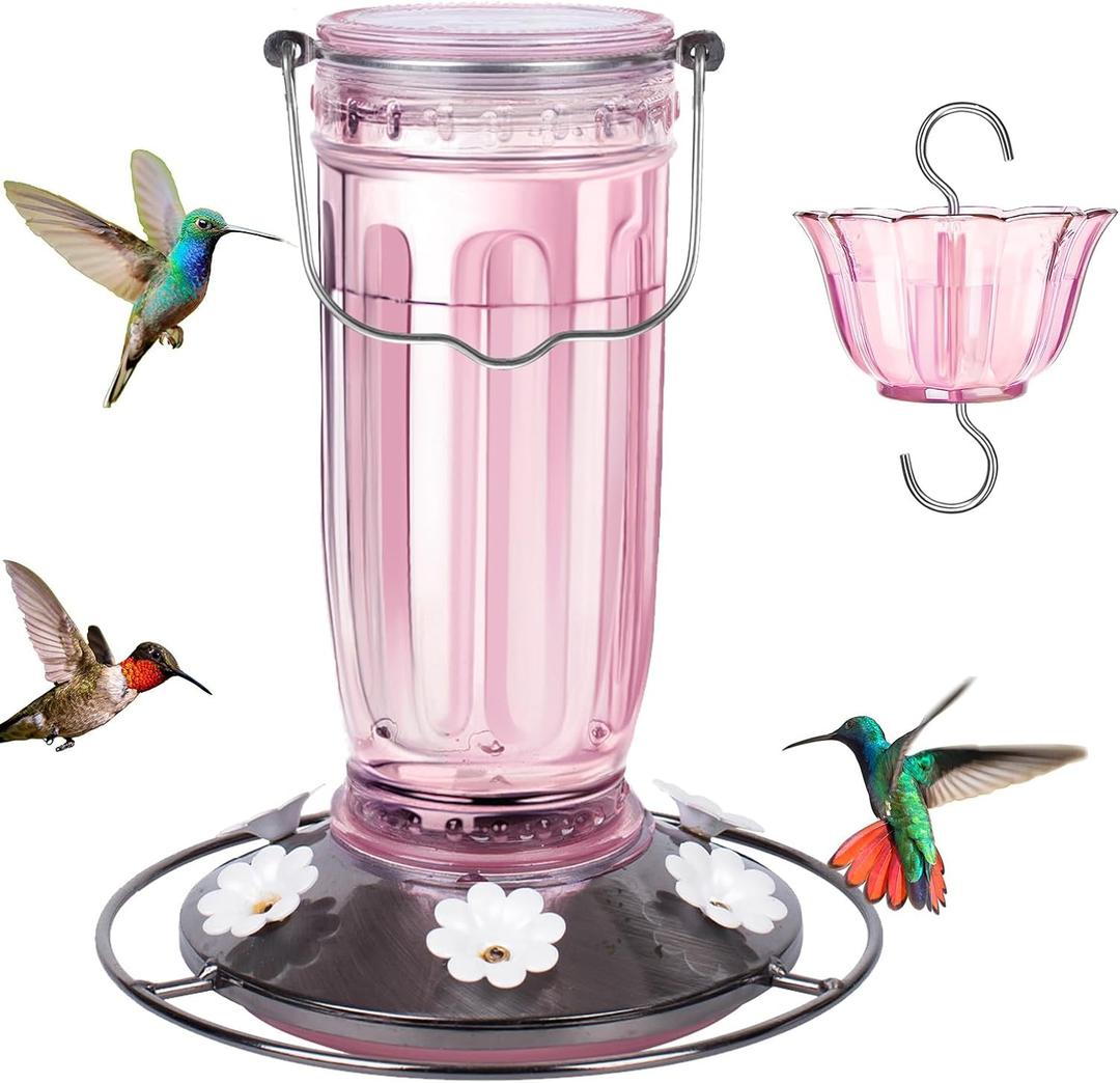 Kingsyard Glass Hummingbird Feeder for Outdoors Wild Bird Feeder with 6 Feeding Ports Hanging for Garden Yard, Pink (Ant Moat Included)