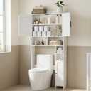 Homhedy Over The Toilet Storage Cabinet with 2 Barn Door and Toilet Paper Holder Stand, FreeStanding Toilet Shelf Space Saver, for Bathroom, Restroom, Laundry, White, 7.8"D x 30.7"W x 65.4"H