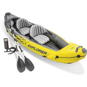 Intex 68307EP Explorer K2 Inflatable Kayak Set: Includes Deluxe 86in Aluminum Oars and High-Output Pump – SuperStrong PVC – Adjustable Seats with Backrest – 400lb Weight Capacity