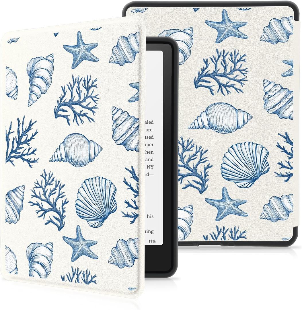 MAYCARI Slim Case for 7" Kindle Paperwhite 12th Gen 2024 & Kindle Colorsoft Signature Edition Case with Hand Strap, Premium PU Leather Protective Cover with Auto Sleep/Wake - Blue Conch Shell