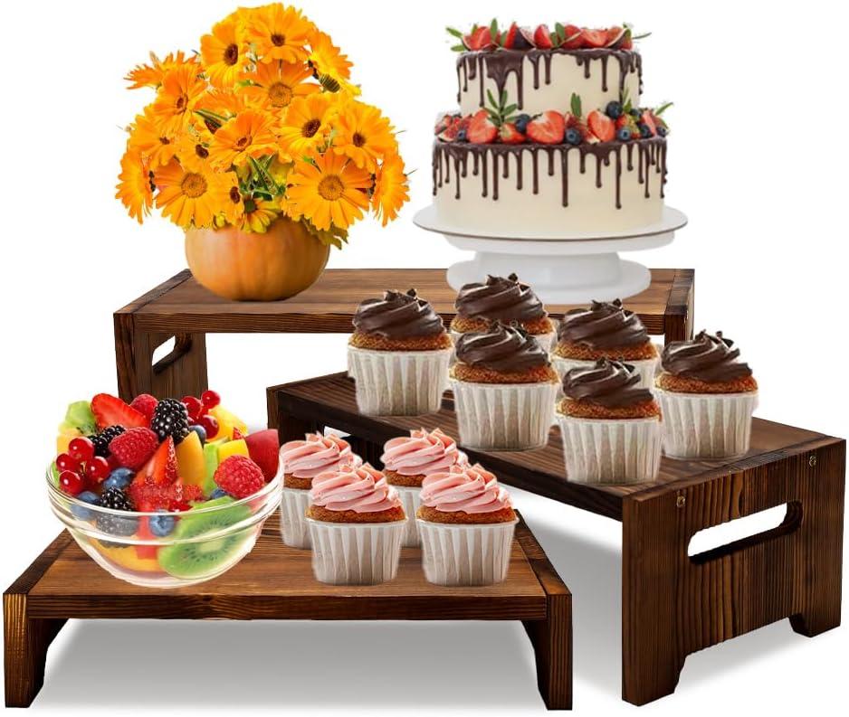 MRPAPA 3 Tier Cupcake Stand & Wood Display Risers,for Food Desserts Stand Perfume Organizer Funko POP Collections, Display Stand for Organizer and Decoration (Dark Brown-Display Riser)