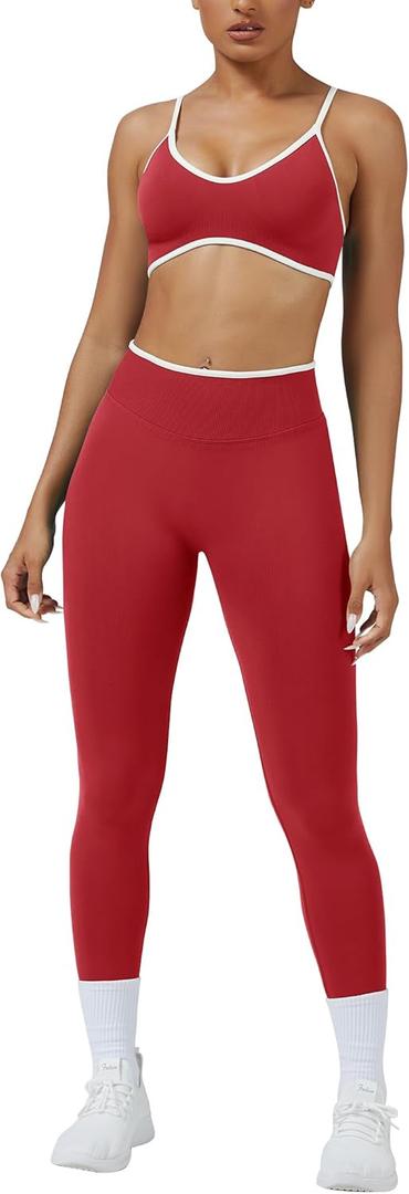 ABOCIW Womens 2 Piece Workout Sets Seamless Color Block Sports Bra Scrunch Butt Lifting High Waist Leggings Gym Set (Small, Red)