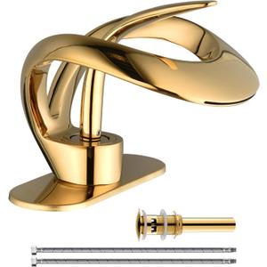 Elegant Bathroom Sink Faucet Single Hole,AUU Waterfall Matte Black Vanity Sink Faucet Solid Brass,Single Handle Basin Tap with Pop Up Drian Supply Line (Gold, Short)