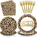 Grencian 96 Pcs Cheetah Print Birthday Decorations Leopard Print Party Supplies Brown Leopard Plates and Napkins Safari Themed Paper Plates for Birthday Jungle Safari Cheetah Theme Party Serves 24