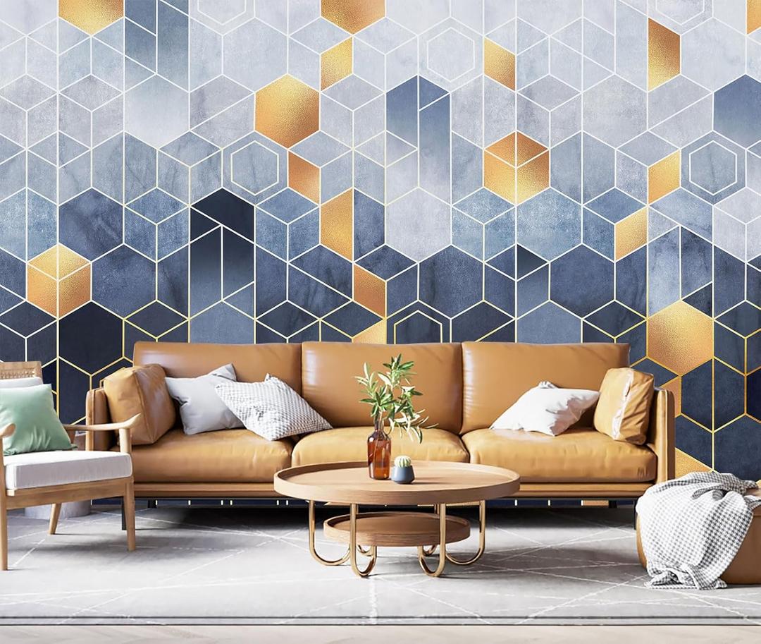 Blue and Gold Geometric Wallpaper Mural for Living Room BedroomNot Peel and Stick (160" x 106", CYBH-930)