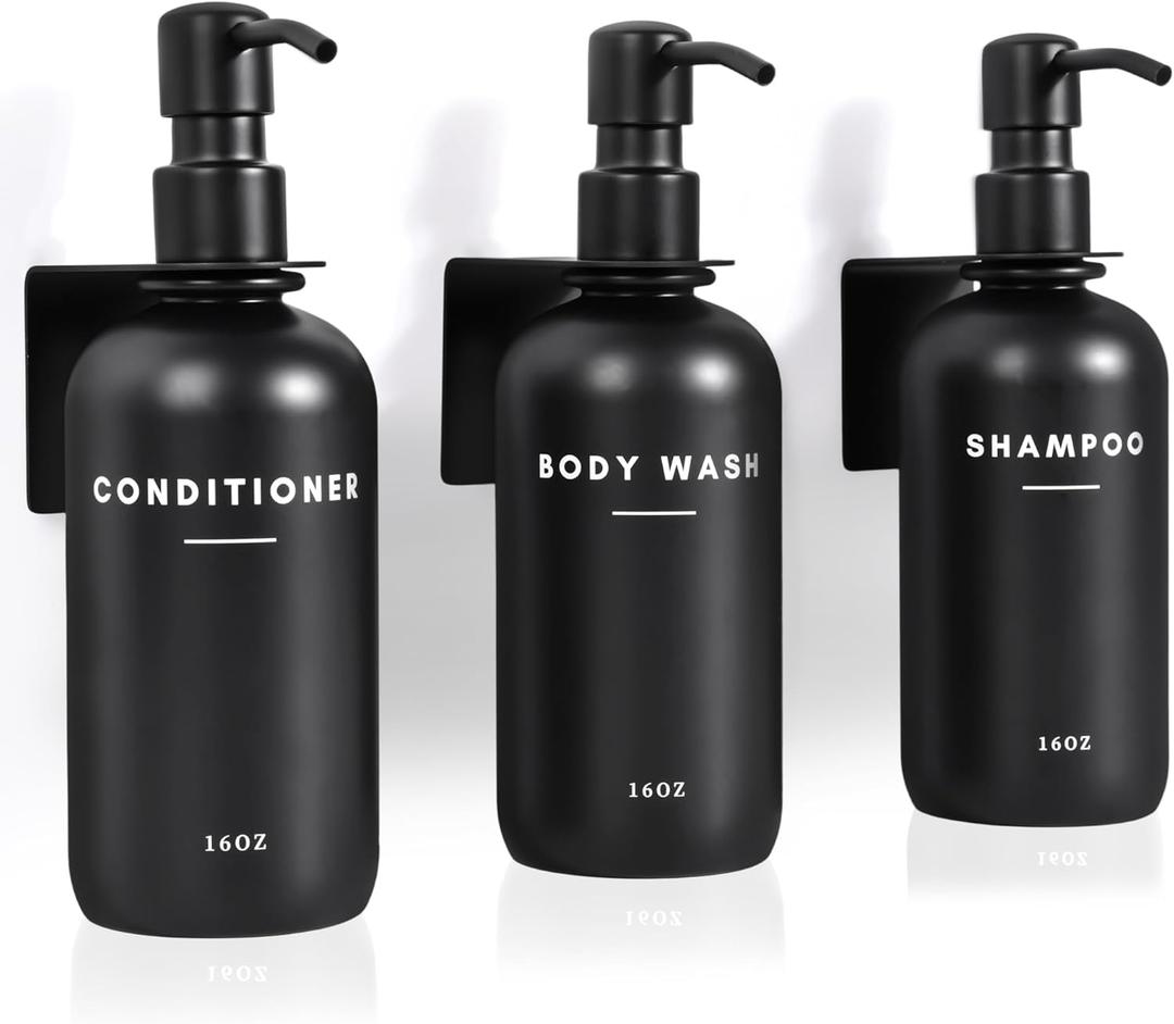 Set of 3 Shampoo and Conditioner Dispenser, 16oz Wall Mounted Shower Dispenser Stainless Steel Support, Easy to Replenish Stainless Steel Pump Head Durable Shower Soap Dispenser and Shampoo Dispenser (Black)