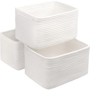 Small Cotton Rope Storage Basket Set of 3-11"x7"x7" Perfect Woven Baskets for Storage, Ideal Storage Baskets for Organizing Toys, Towels, and More - Baskets for Shelves and Home DecorWhite