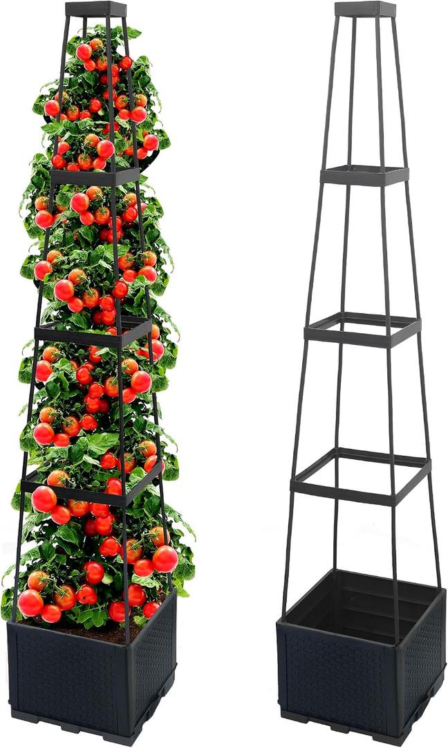 2 Packs Raised Garden Bed Tomato Planter Box with Trellis,56.8" Self-Watering Tomato Cage with Trapezoidal Trellis for Climbing Plants Flowers Vegetables Vine in Patio Garden Indoor Outdoor, 4 Tiers-56.8"
