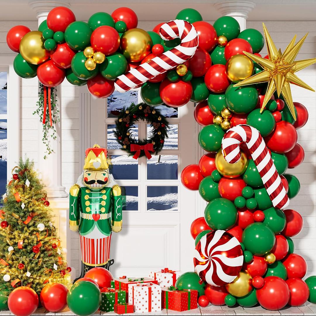 Christmas Balloon Arch Kit Garland - Red Green Gold Christma Balloons with Nutcracker Candy Cane Exploding Star Foil Balloons Xmas Balloon for Xmas Birthday New Year Party Decorations