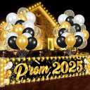 Prom 2024 Banner with LED Lights Graduation Party Decorations Green Gold Graduation Yard Banner with 36pcs Balloons for 2024 Graduation College High School Prom Party Supplies Indoor Outdoor Decor